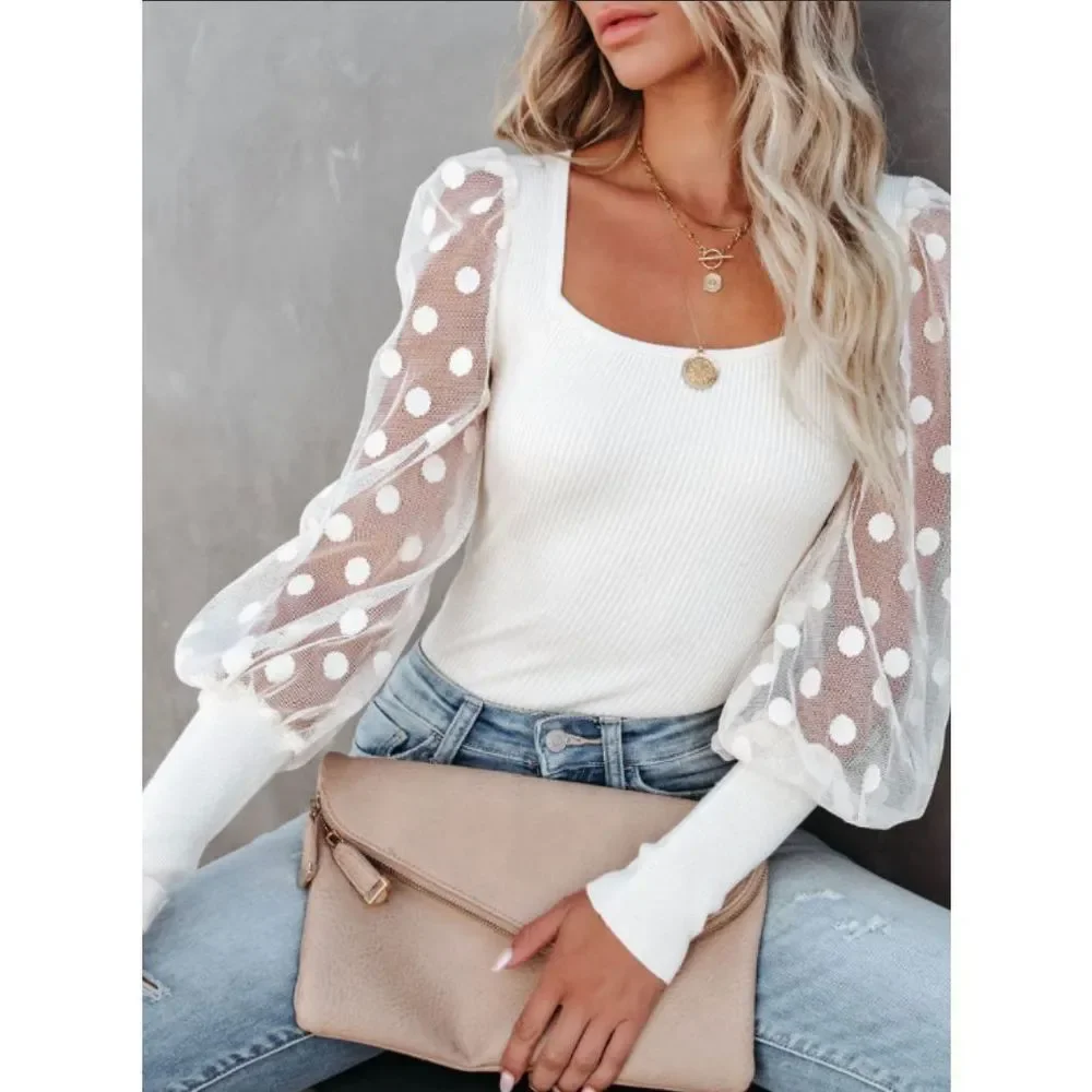 🔥 POLKA DOT • LONG SLEEVE KNIT TOP - IVORY - XL🔥 - Picture 8 of 10